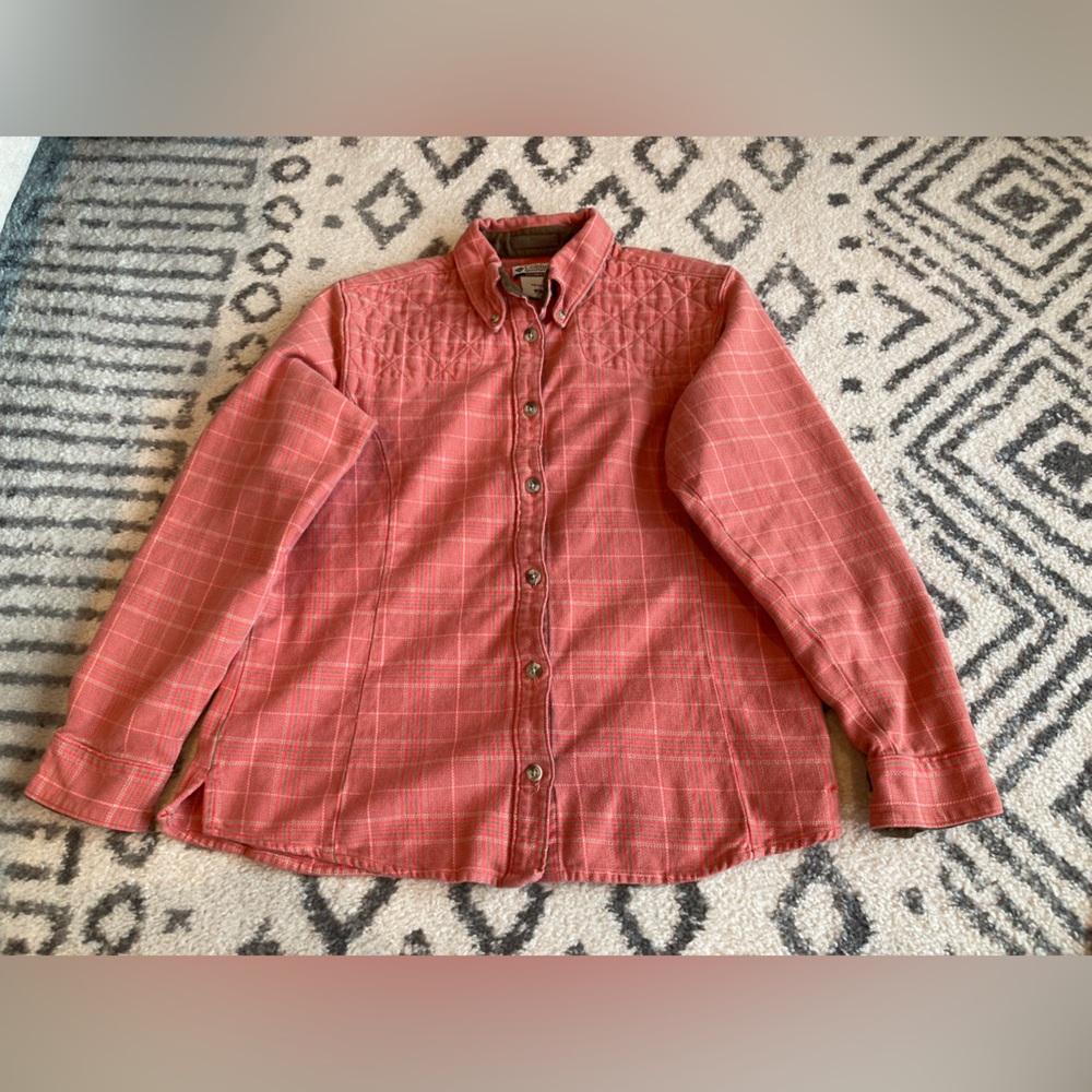 Women Columbia long sleeve orange coral pink plaid hiking button collar shirt m